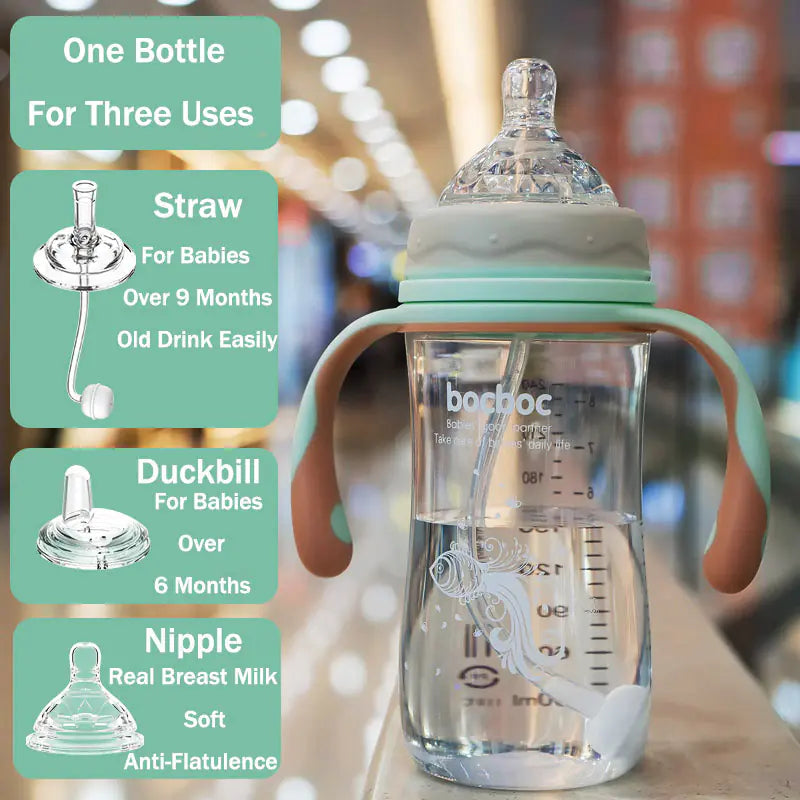 Heat-Resistant Baby Bottle with Straw and Duckbill